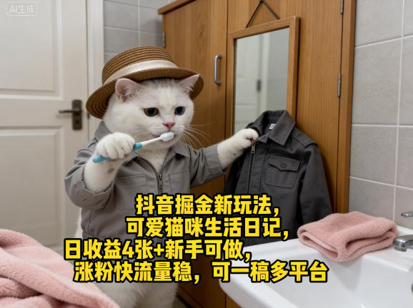 抖音掘金新玩法，可爱猫咪生活日记，日收益4张+新手可做，涨粉：实操指南_乐帮资源库
